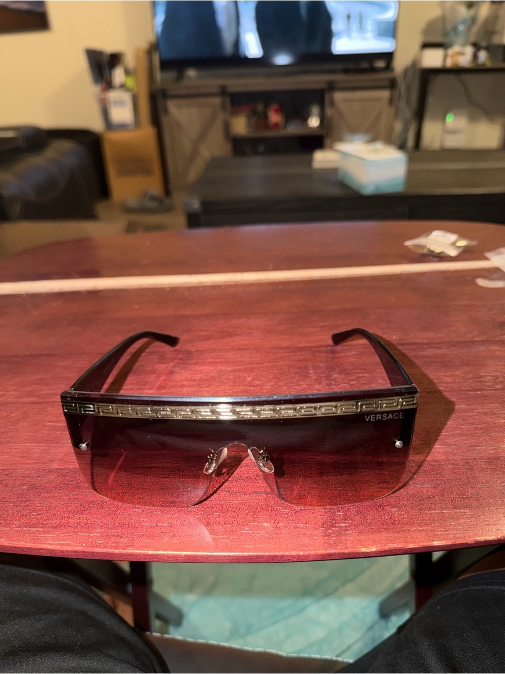Versace Black Shield Sunglasses with Brown Gradient Lenses and Gold Trim